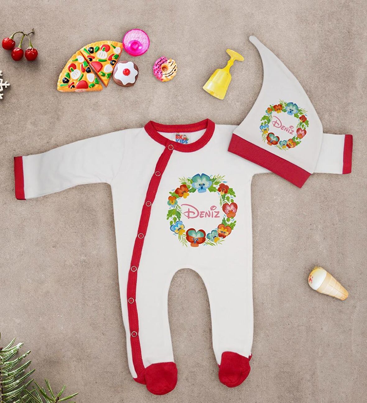 BK Kids Kişiye Özel Çiçek Tasarımlı Kırmızı Tulum Zıbın ve Kukuletalı Şapka Seti-2