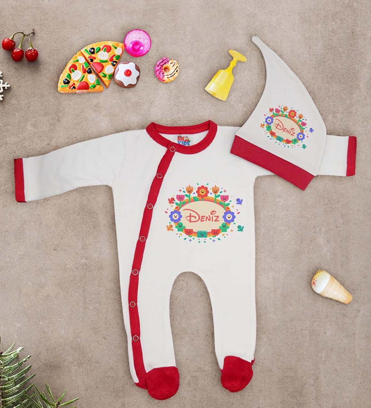 BK Kids Kişiye Özel Çiçek Tasarımlı Kırmızı Tulum Zıbın ve Kukuletalı Şapka Seti-5