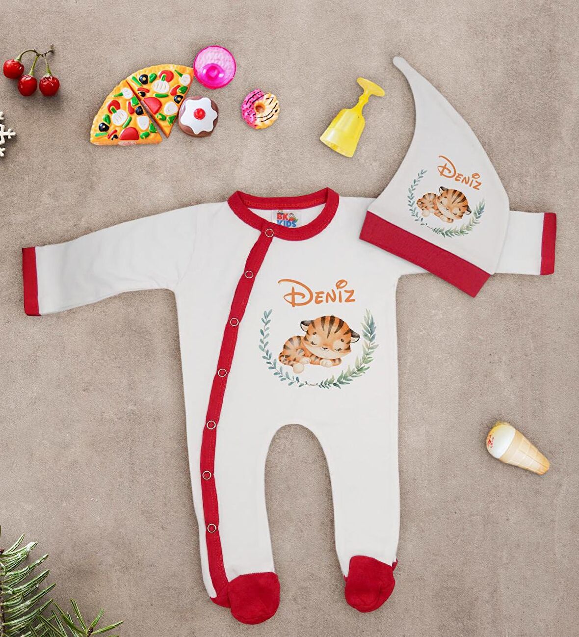 BK Kids Kişiye Özel Sevimli Kaplan Tasarımlı Kırmızı Tulum Zıbın ve Kukuletalı Şapka Seti-1
