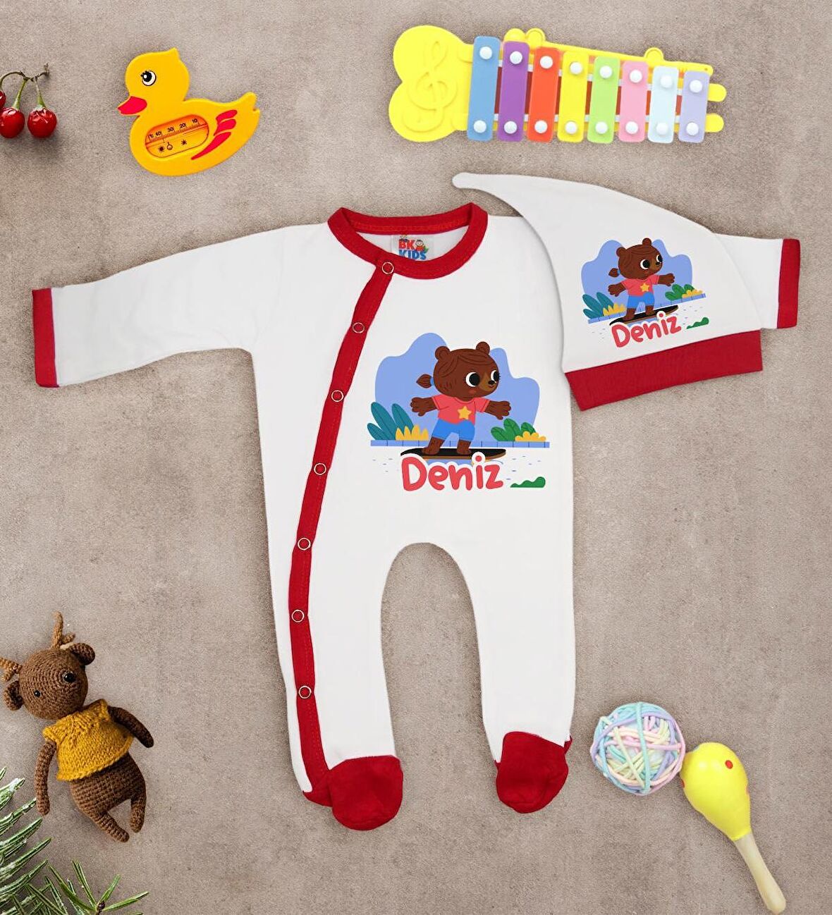 BK Kids Kişiye Özel Bebek Kıyafeti, Bebek Giyim Hediyesi, Tulum Zıbın ve Kukuletalı Şapka Seti-9