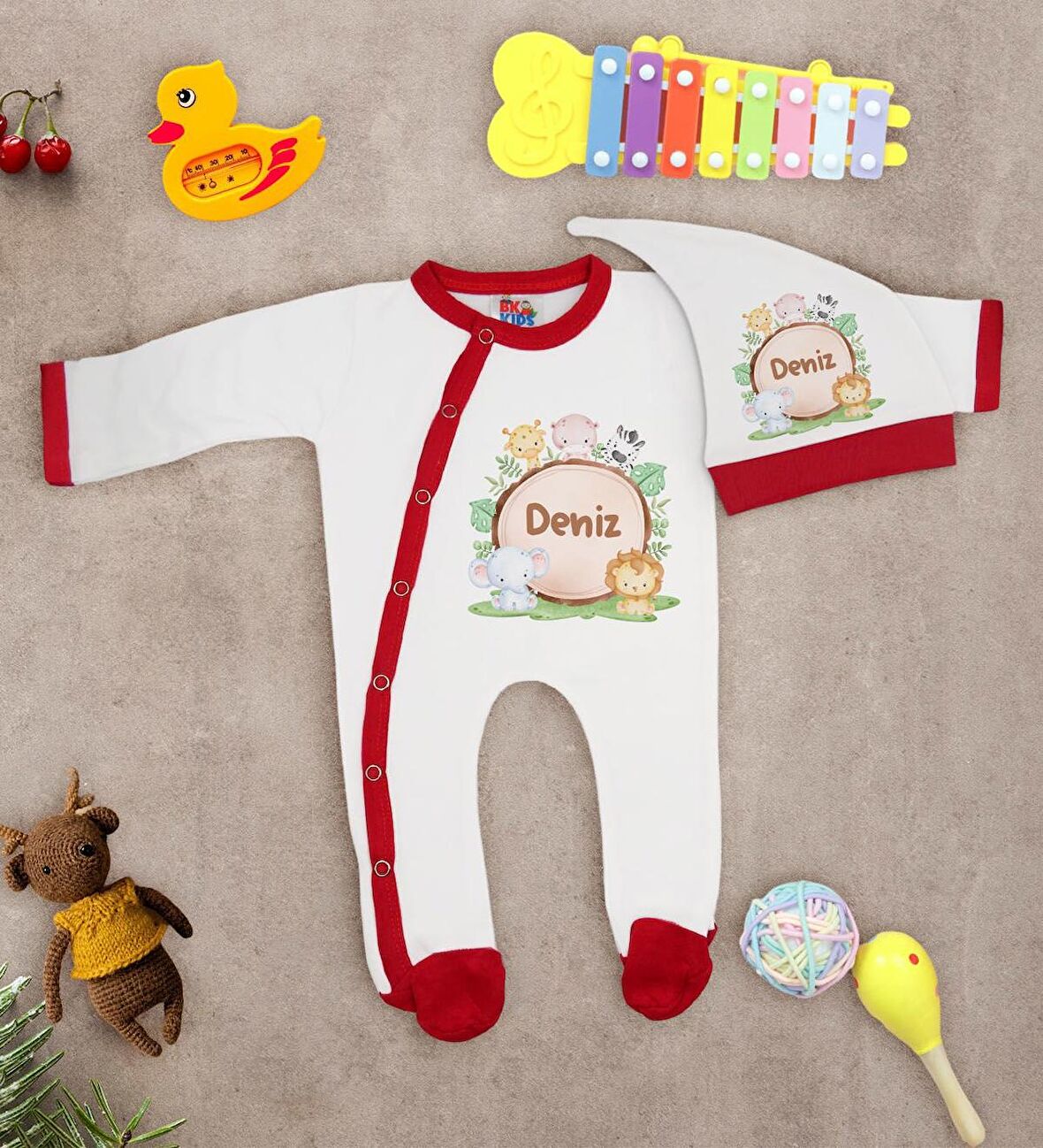 BK Kids Kişiye Özel Bebek Kıyafeti, Bebek Giyim Hediyesi, Tulum Zıbın ve Kukuletalı Şapka Seti-11