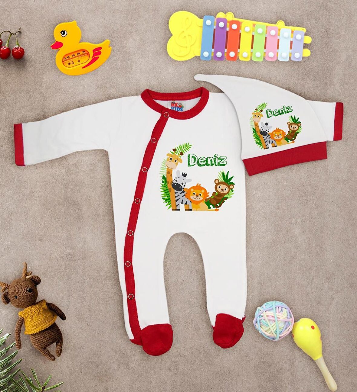 BK Kids Kişiye Özel Bebek Kıyafeti, Bebek Giyim Hediyesi, Tulum Zıbın ve Kukuletalı Şapka Seti-20