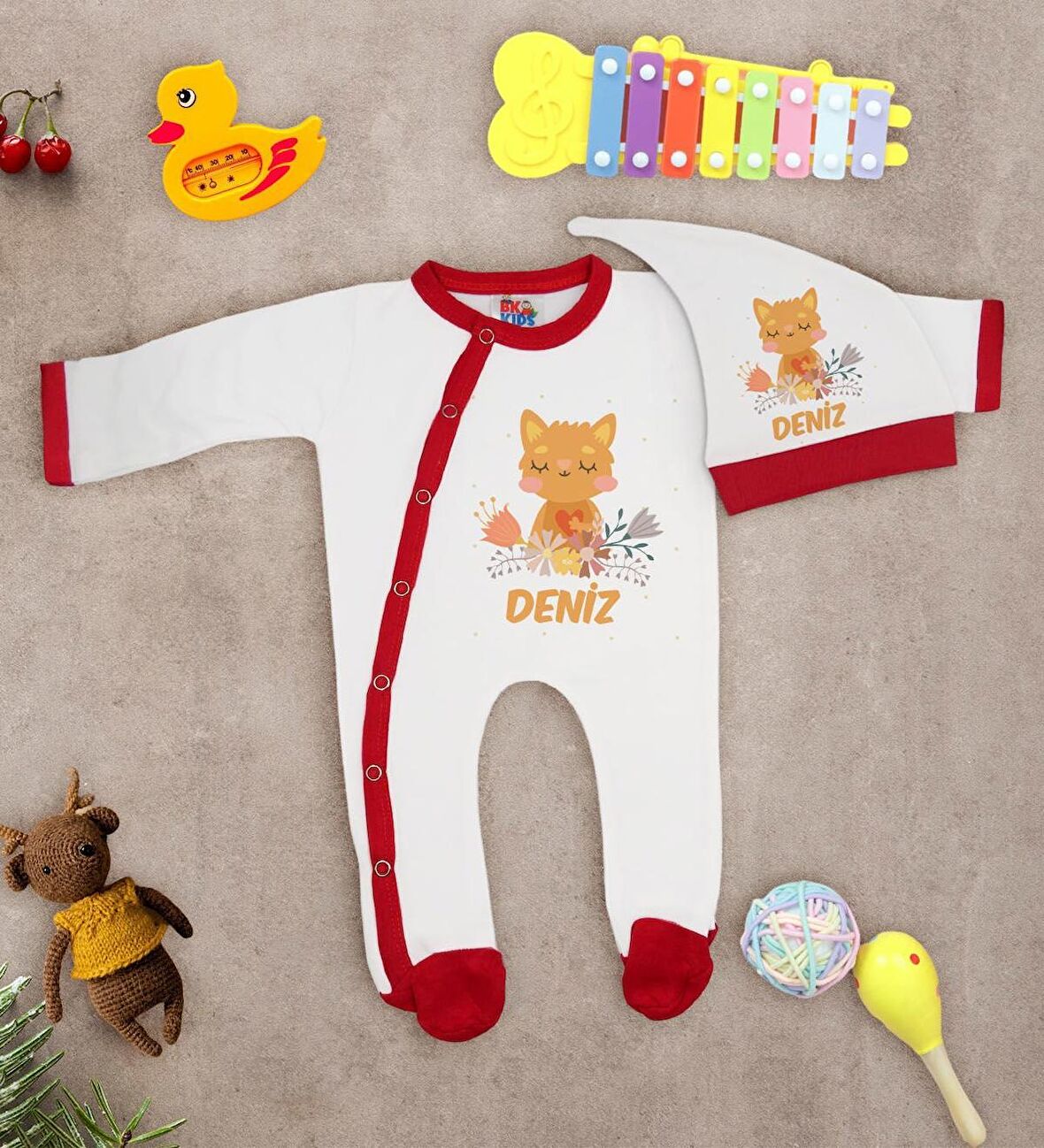 BK Kids Kişiye Özel Bebek Kıyafeti, Bebek Giyim Hediyesi, Tulum Zıbın ve Kukuletalı Şapka Seti-1