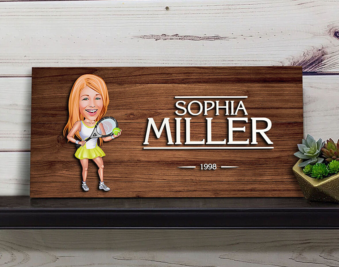 BK Gift Kişiye Özel Kadın Tenis Oyuncusu Karikatürlü Kabartma Figürlü Ahşap Tablo, Duvar Dekoru, Arkadaşa Hediye, Özel Tasarım Ev Hediyesi-1