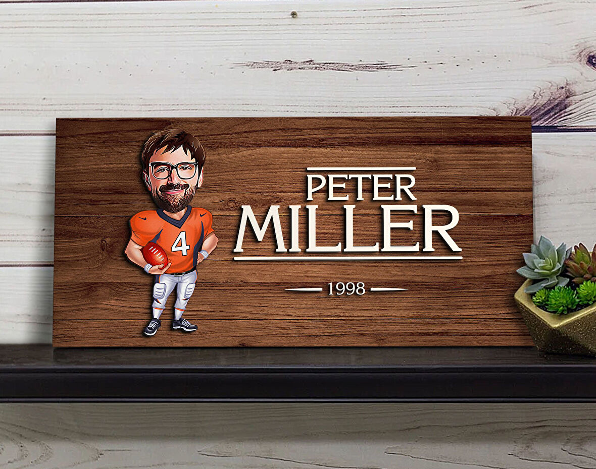 BK Gift Kişiye Özel Erkek Amerikan Futbol Karikatürlü Kabartma Figürlü Ahşap Tablo, Duvar Dekoru, Arkadaşa Hediye, Özel Tasarım Ev Hediyesi-2