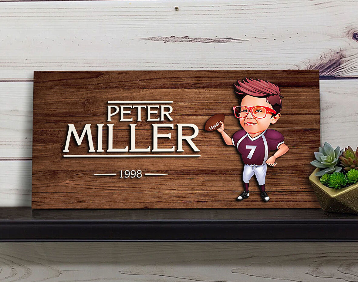 BK Gift Kişiye Özel Çocuk Amerikan Futbol Karikatürlü Kabartma Figürlü Ahşap Tablo, Duvar Dekoru, Arkadaşa Hediye, Özel Tasarım Ev Hediyesi-1