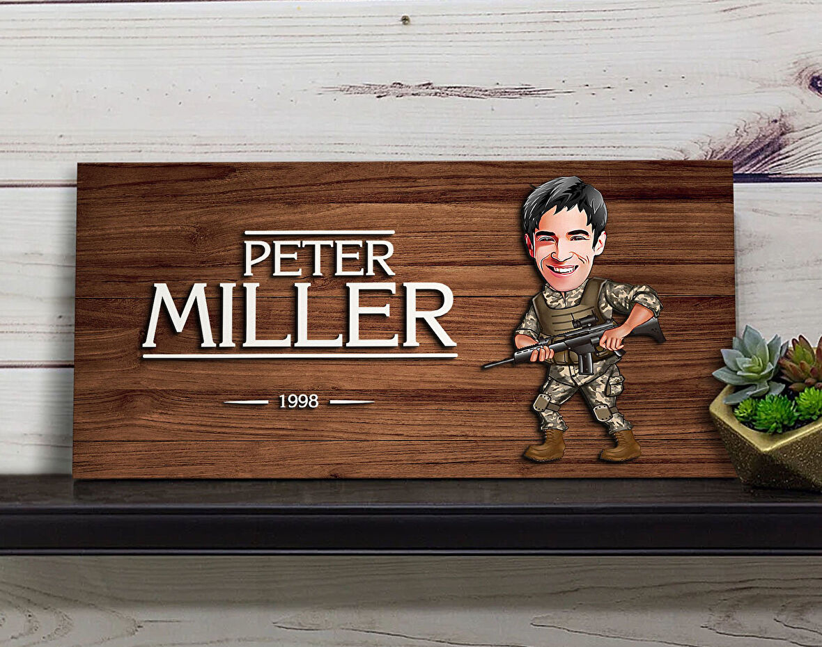 BK Gift Kişiye Özel Asker Karikatürlü Kabartma Figürlü Ahşap Tablo, Duvar Dekoru, Arkadaşa Hediye, Özel Tasarım Ev Hediyesi-1