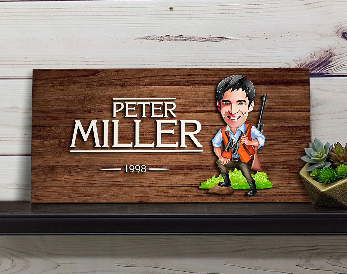 BK Gift Kişiye Özel Avcı Karikatürlü Kabartma Figürlü Ahşap Tablo, Duvar Dekoru, Arkadaşa Hediye, Özel Tasarım Ev Hediyesi-1