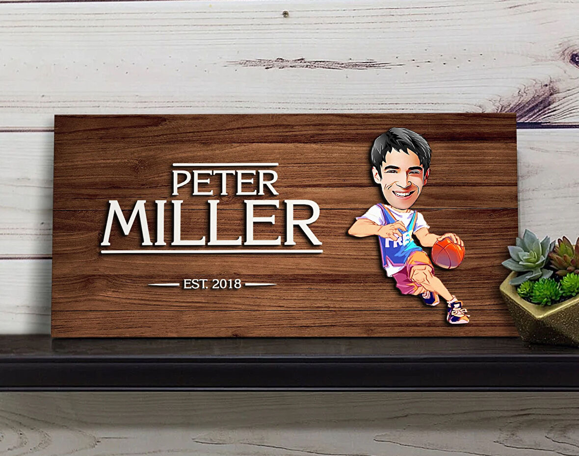 BK Gift Kişiye Özel Erkek Basketbolcu Karikatürlü Kabartma Figürlü Ahşap Tablo, Duvar Dekoru, Arkadaşa Hediye, Özel Tasarım Ev Hediyesi-2