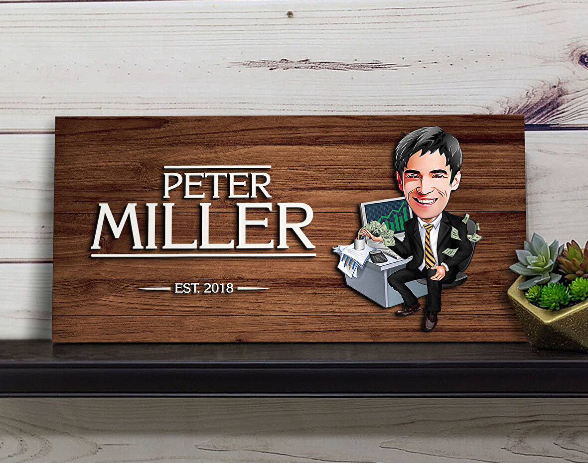 BK Gift Kişiye Özel Erkek Bankacı Karikatürlü Kabartma Figürlü Ahşap Tablo, Duvar Dekoru, Arkadaşa Hediye, Özel Tasarım Ev Hediyesi-1