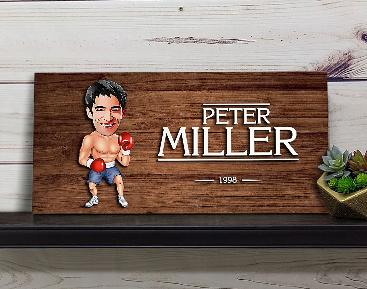 BK Gift Kişiye Özel Erkek Boksör Karikatürlü Kabartma Figürlü Ahşap Tablo, Duvar Dekoru, Arkadaşa Hediye, Özel Tasarım Ev Hediyesi-1