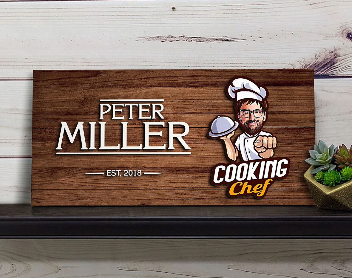 BK Gift Kişiye Özel Erkek Şef Karikatürlü Kabartma Figürlü Ahşap Tablo, Duvar Dekoru, Arkadaşa Hediye, Özel Tasarım Ev Hediyesi-2
