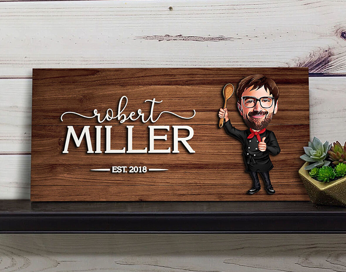 BK Gift Kişiye Özel Erkek Şef Karikatürlü Kabartma Figürlü Ahşap Tablo, Duvar Dekoru, Arkadaşa Hediye, Özel Tasarım Ev Hediyesi-3