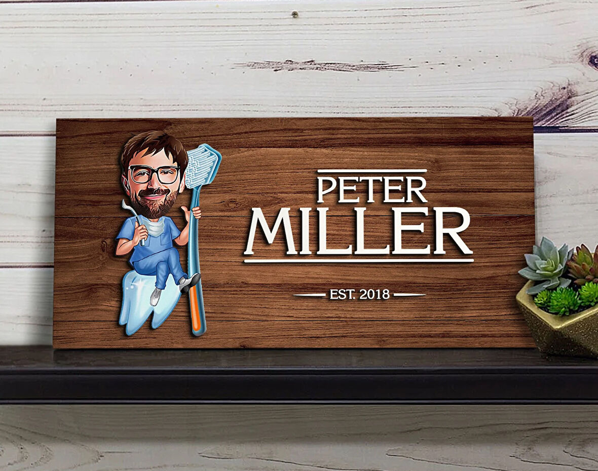 BK Gift Kişiye Özel Erkek Diş Hekimi Karikatürlü Kabartma Figürlü Ahşap Tablo, Duvar Dekoru, Arkadaşa Hediye, Özel Tasarım Ev Hediyesi-1