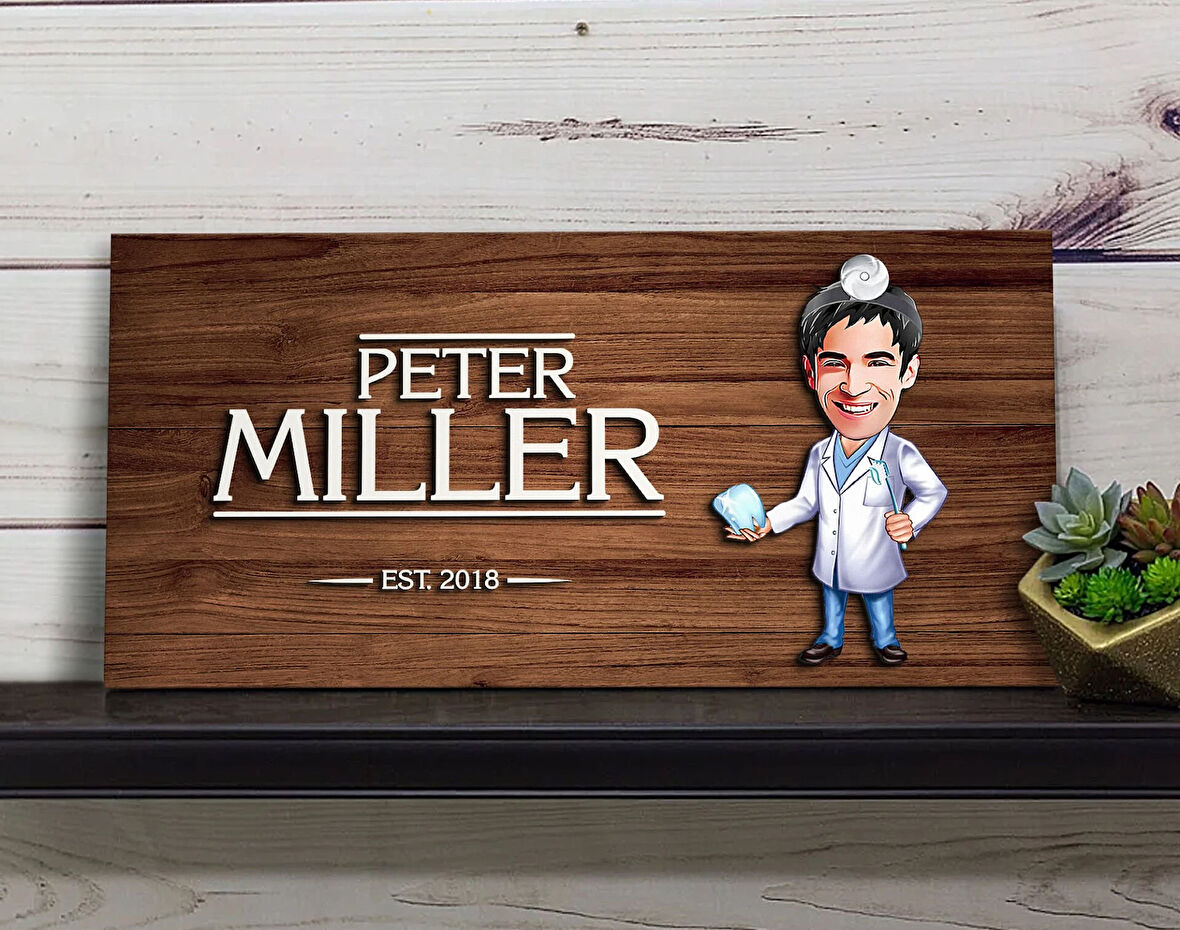 BK Gift Kişiye Özel Erkek Diş Hekimi Karikatürlü Kabartma Figürlü Ahşap Tablo, Duvar Dekoru, Arkadaşa Hediye, Özel Tasarım Ev Hediyesi-2