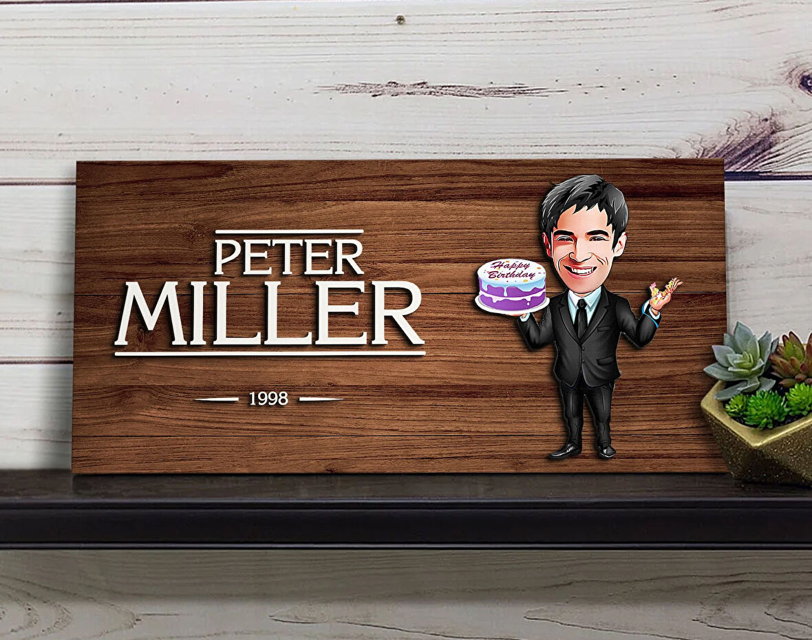 BK Gift Kişiye Özel Erkek Doğum Günü Karikatürlü Kabartma Figürlü Ahşap Tablo, Duvar Dekoru, Arkadaşa Hediye, Özel Tasarım Ev Hediyesi-1