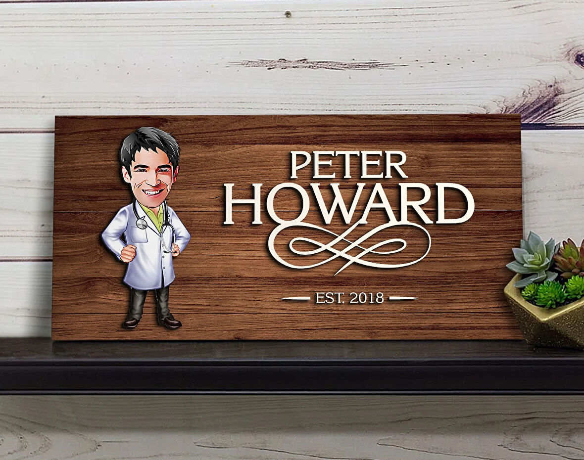 BK Gift Kişiye Özel Erkek Doktor Karikatürlü Kabartma Figürlü Ahşap Tablo, Duvar Dekoru, Arkadaşa Hediye, Özel Tasarım Ev Hediyesi-1