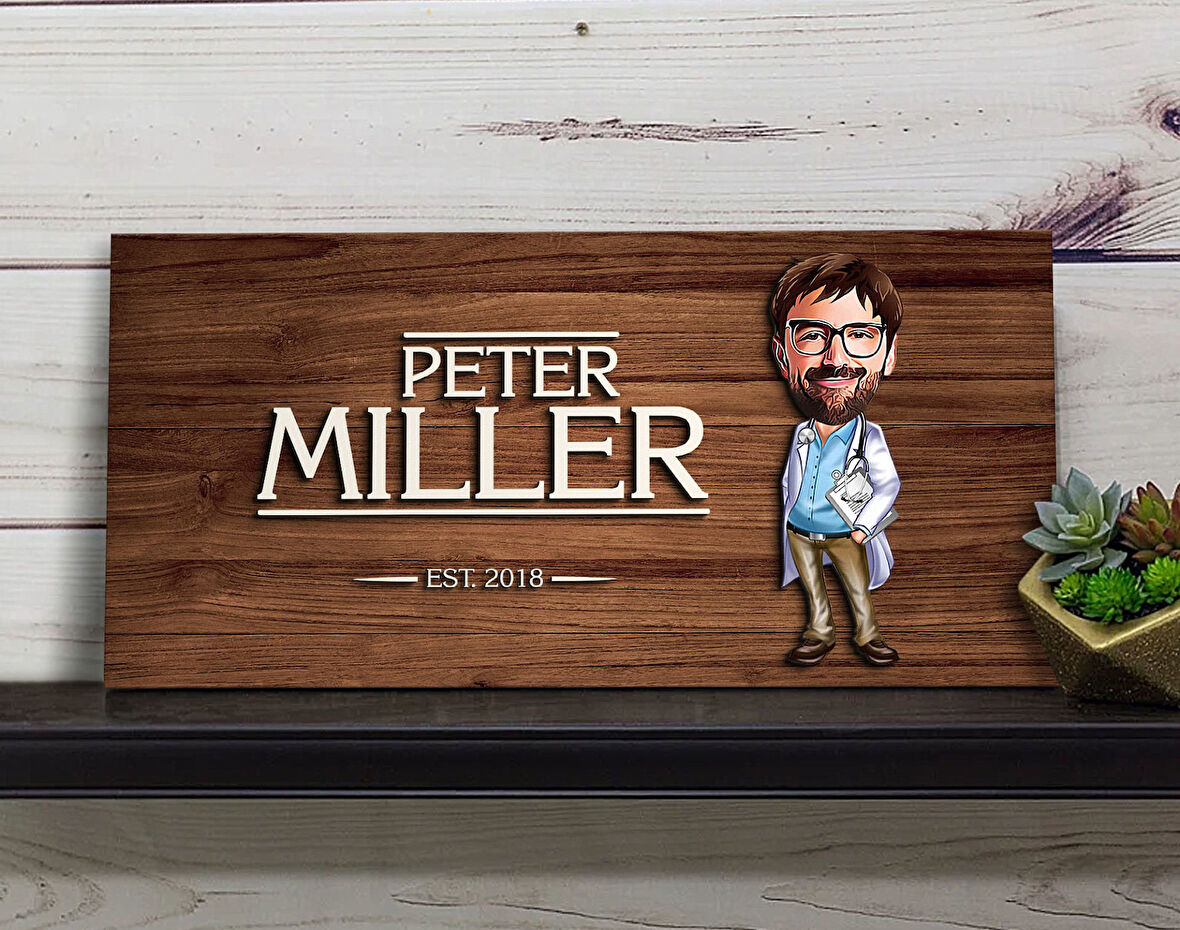BK Gift Kişiye Özel Erkek Doktor Karikatürlü Kabartma Figürlü Ahşap Tablo, Duvar Dekoru, Arkadaşa Hediye, Özel Tasarım Ev Hediyesi-2