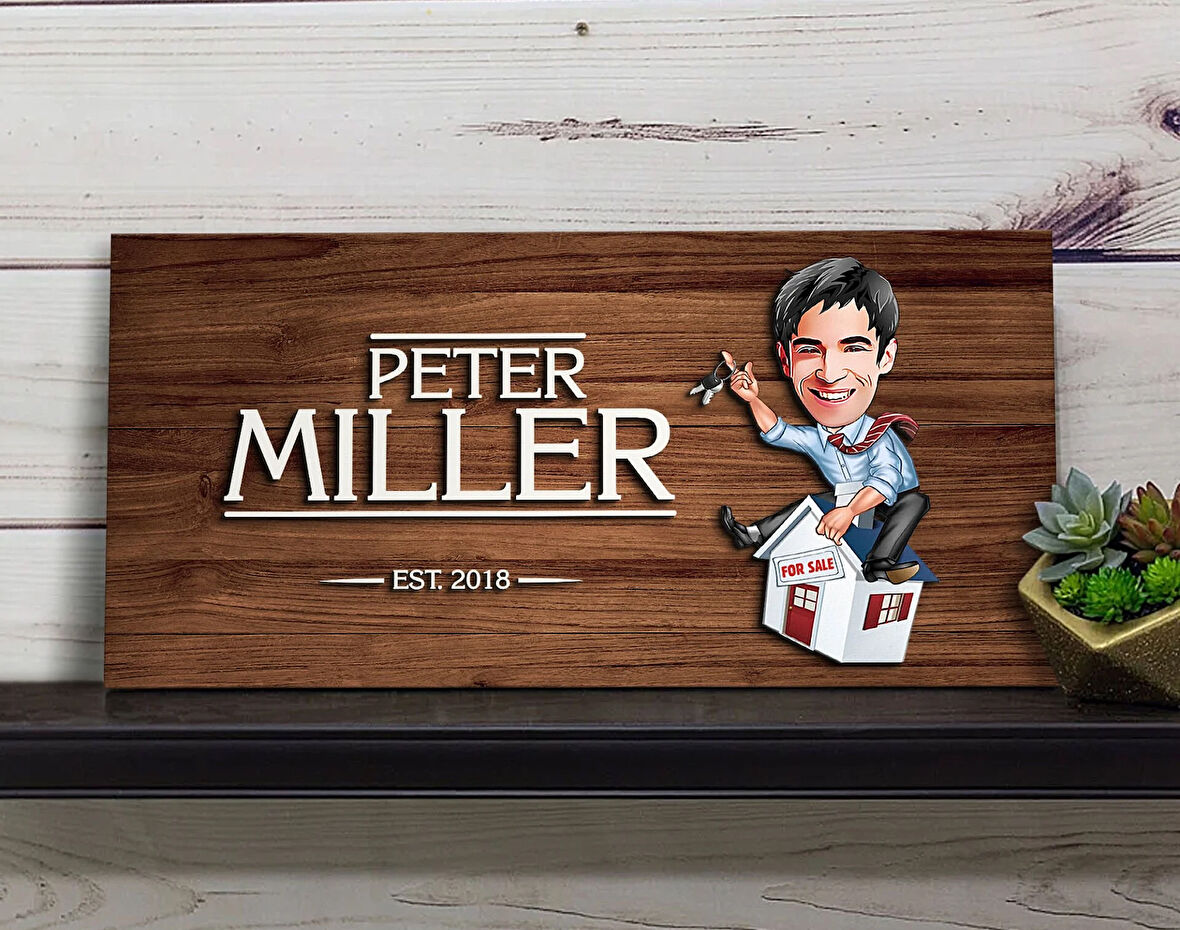 BK Gift Kişiye Özel Erkek Emlakçı Karikatürlü Kabartma Figürlü Ahşap Tablo, Duvar Dekoru, Arkadaşa Hediye, Özel Tasarım Ev Hediyesi-1