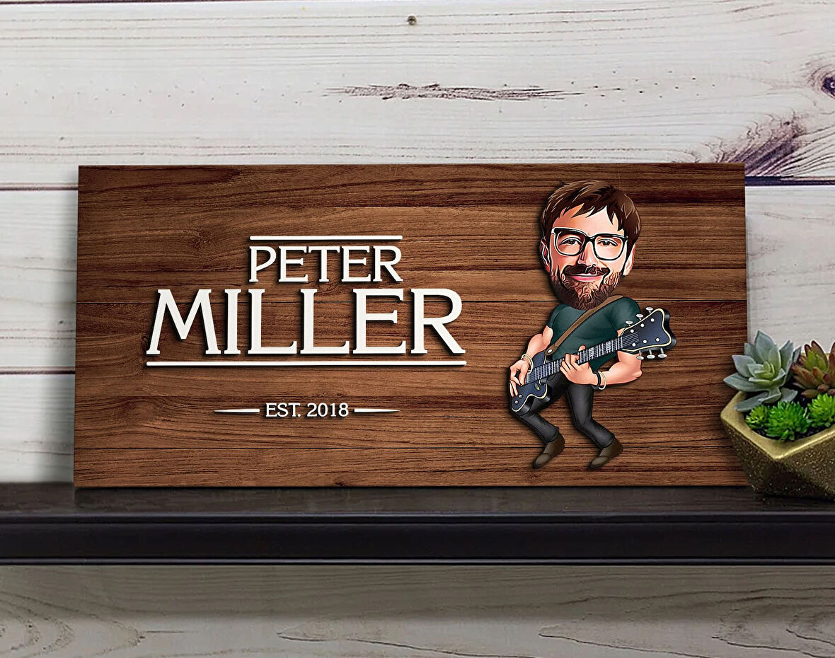 BK Gift Kişiye Özel Erkek Gitarist Karikatürlü Kabartma Figürlü Ahşap Tablo, Duvar Dekoru, Arkadaşa Hediye, Özel Tasarım Ev Hediyesi-1