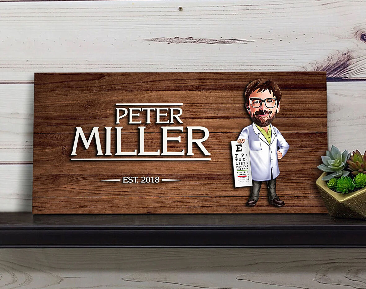 BK Gift Kişiye Özel Erkek Göz Doktoru Karikatürlü Kabartma Figürlü Ahşap Tablo, Duvar Dekoru, Arkadaşa Hediye, Özel Tasarım Ev Hediyesi-1