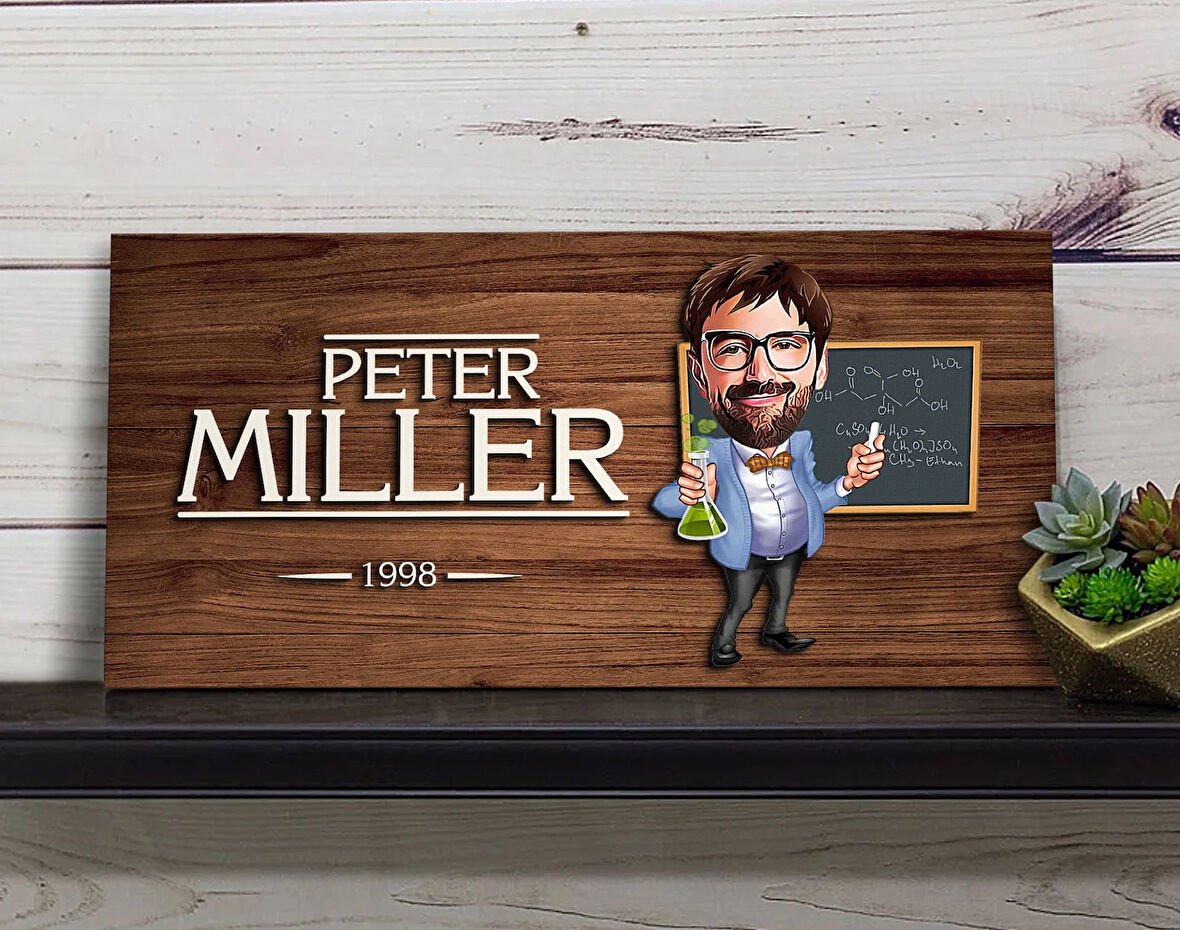 BK Gift Kişiye Özel Erkek Kimya Öğretmeni Karikatürlü Kabartma Figürlü Ahşap Tablo, Duvar Dekoru, Arkadaşa Hediye, Özel Tasarım Ev Hediyesi-1
