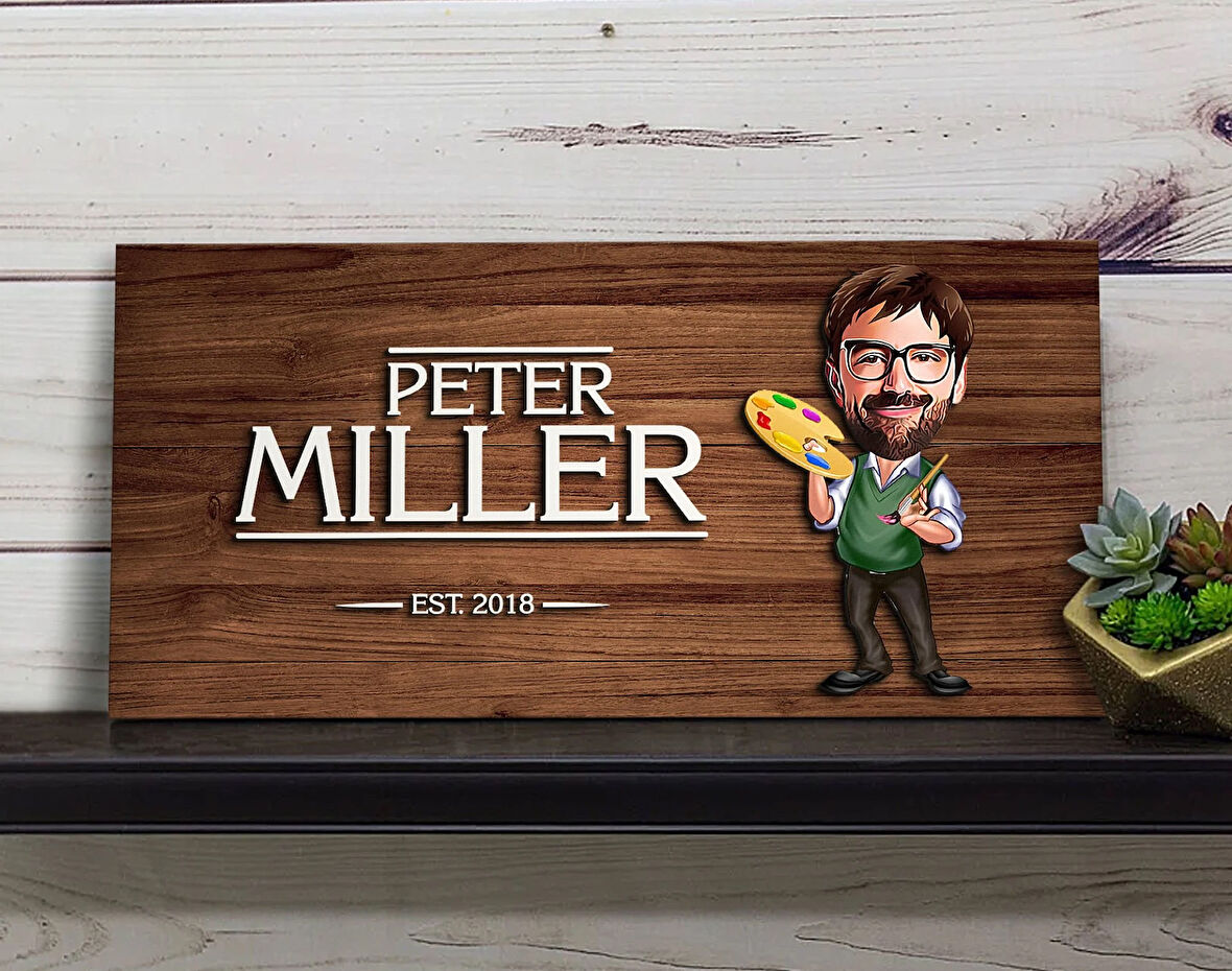 BK Gift Kişiye Özel Erkek Ressam Karikatürlü Kabartma Figürlü Ahşap Tablo, Duvar Dekoru, Arkadaşa Hediye, Özel Tasarım Ev Hediyesi-1