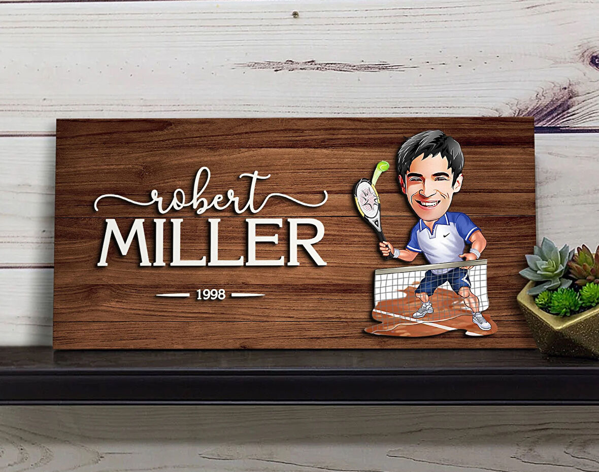 BK Gift Kişiye Özel Erkek Tenis Oyuncusu Karikatürlü Kabartma Figürlü Ahşap Tablo, Duvar Dekoru, Arkadaşa Hediye, Özel Tasarım Ev Hediyesi-1