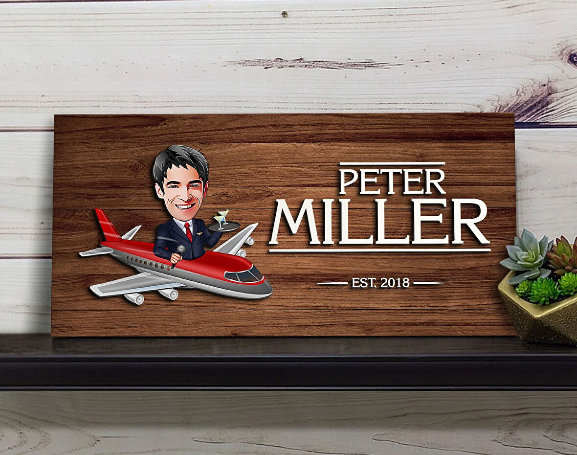 BK Gift Kişiye Özel Erkek Uçuş Görevlisi Karikatürlü Kabartma Figürlü Ahşap Tablo, Duvar Dekoru, Arkadaşa Hediye, Özel Tasarım Ev Hediyesi-1