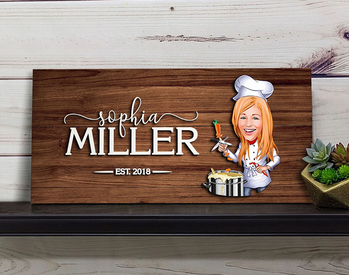 BK Gift Kişiye Özel Kadın Şef Karikatürlü Kabartma Figürlü Ahşap Tablo, Duvar Dekoru, Arkadaşa Hediye, Özel Tasarım Ev Hediyesi-1
