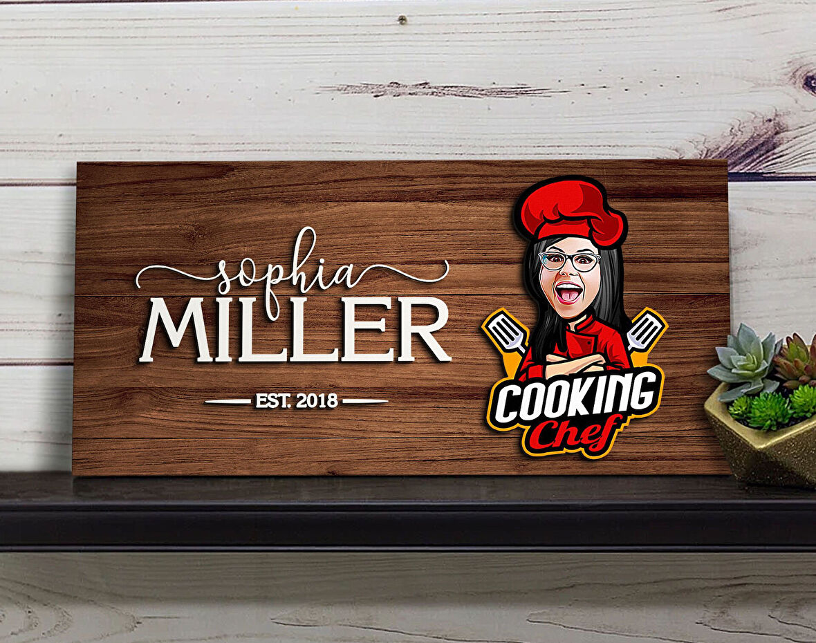 BK Gift Kişiye Özel Kadın Şef Karikatürlü Kabartma Figürlü Ahşap Tablo, Duvar Dekoru, Arkadaşa Hediye, Özel Tasarım Ev Hediyesi-2