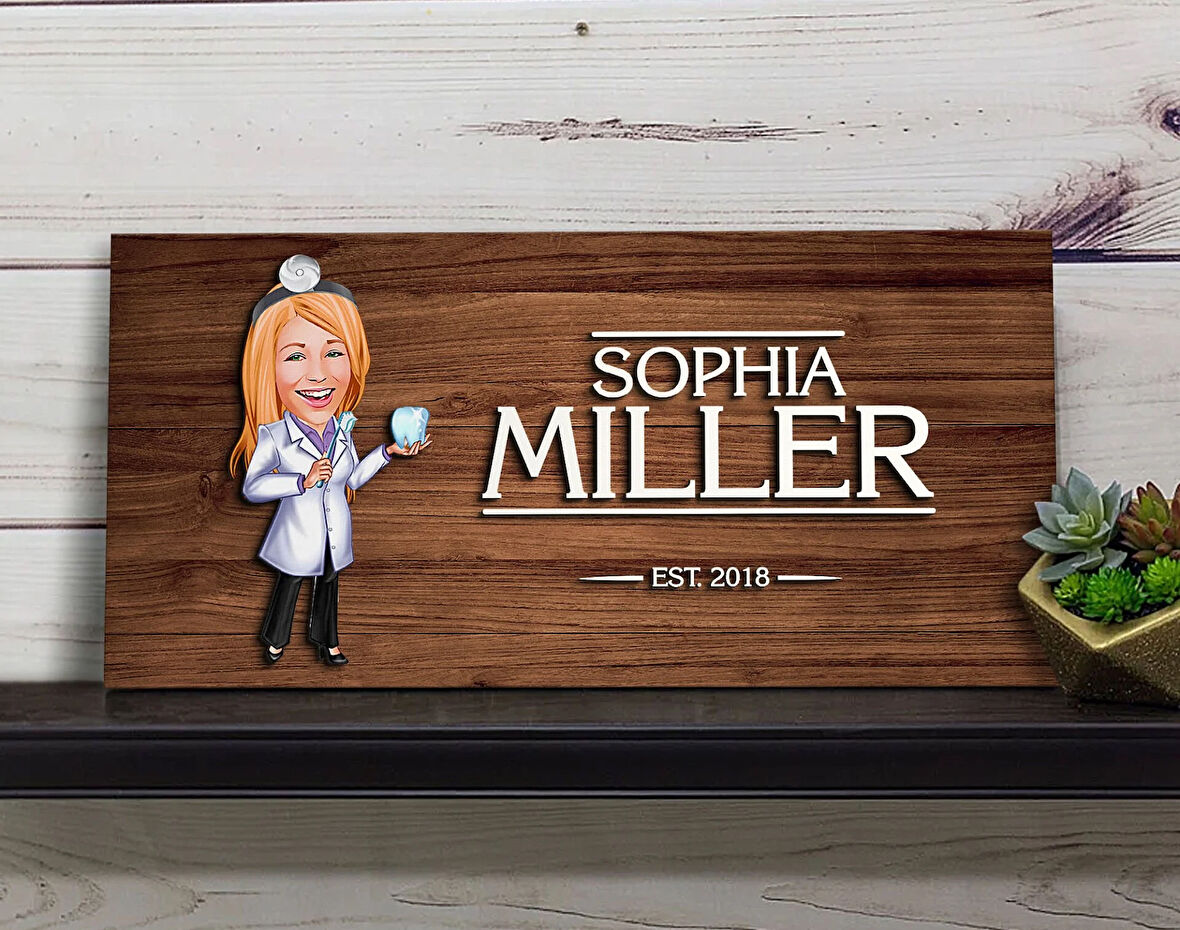 BK Gift Kişiye Özel Kadın Diş Hekimi Karikatürlü Kabartma Figürlü Ahşap Tablo, Duvar Dekoru, Arkadaşa Hediye, Özel Tasarım Ev Hediyesi-1
