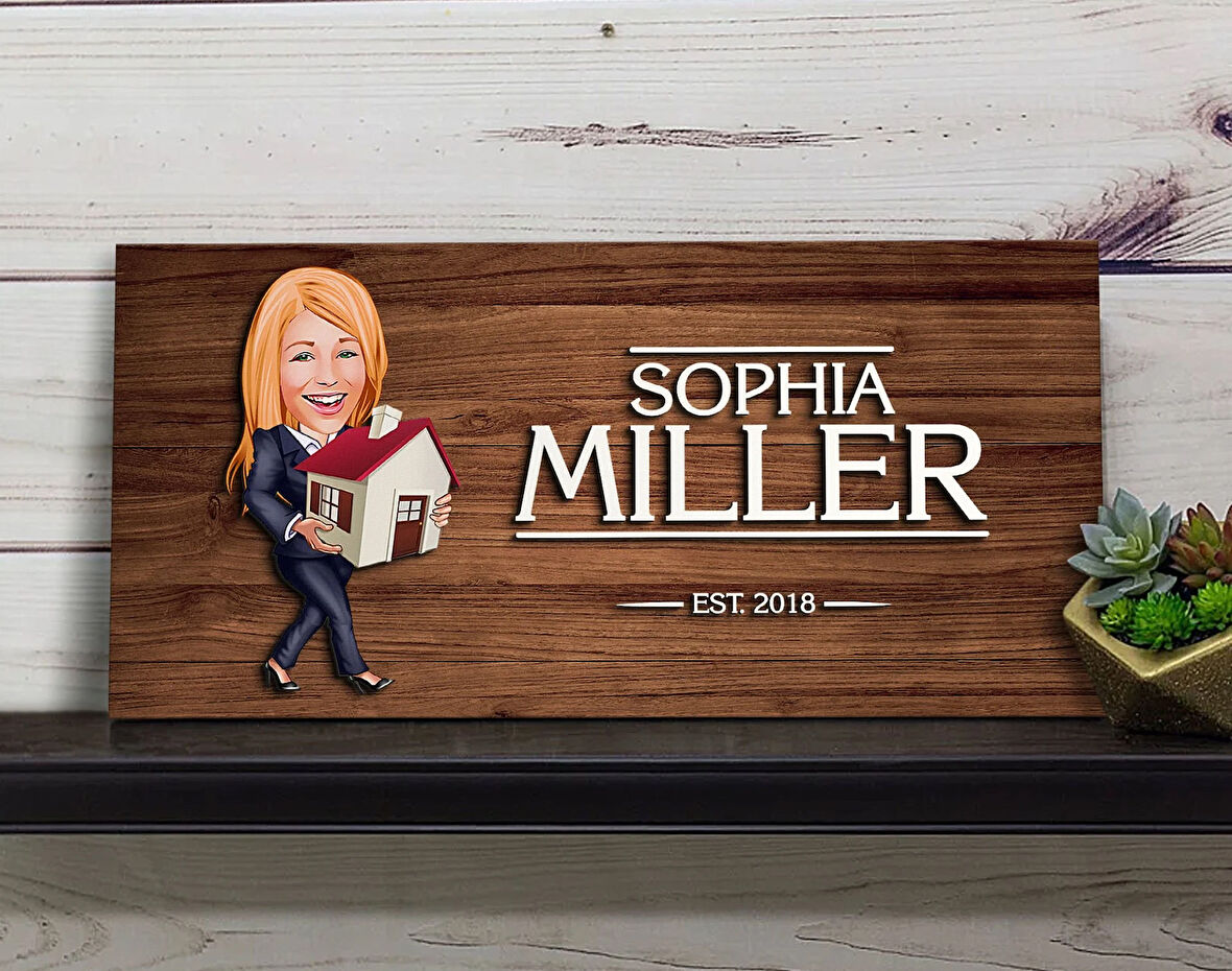 BK Gift Kişiye Özel Kadın Emlakçı Karikatürlü Kabartma Figürlü Ahşap Tablo, Duvar Dekoru, Arkadaşa Hediye, Özel Tasarım Ev Hediyesi-1