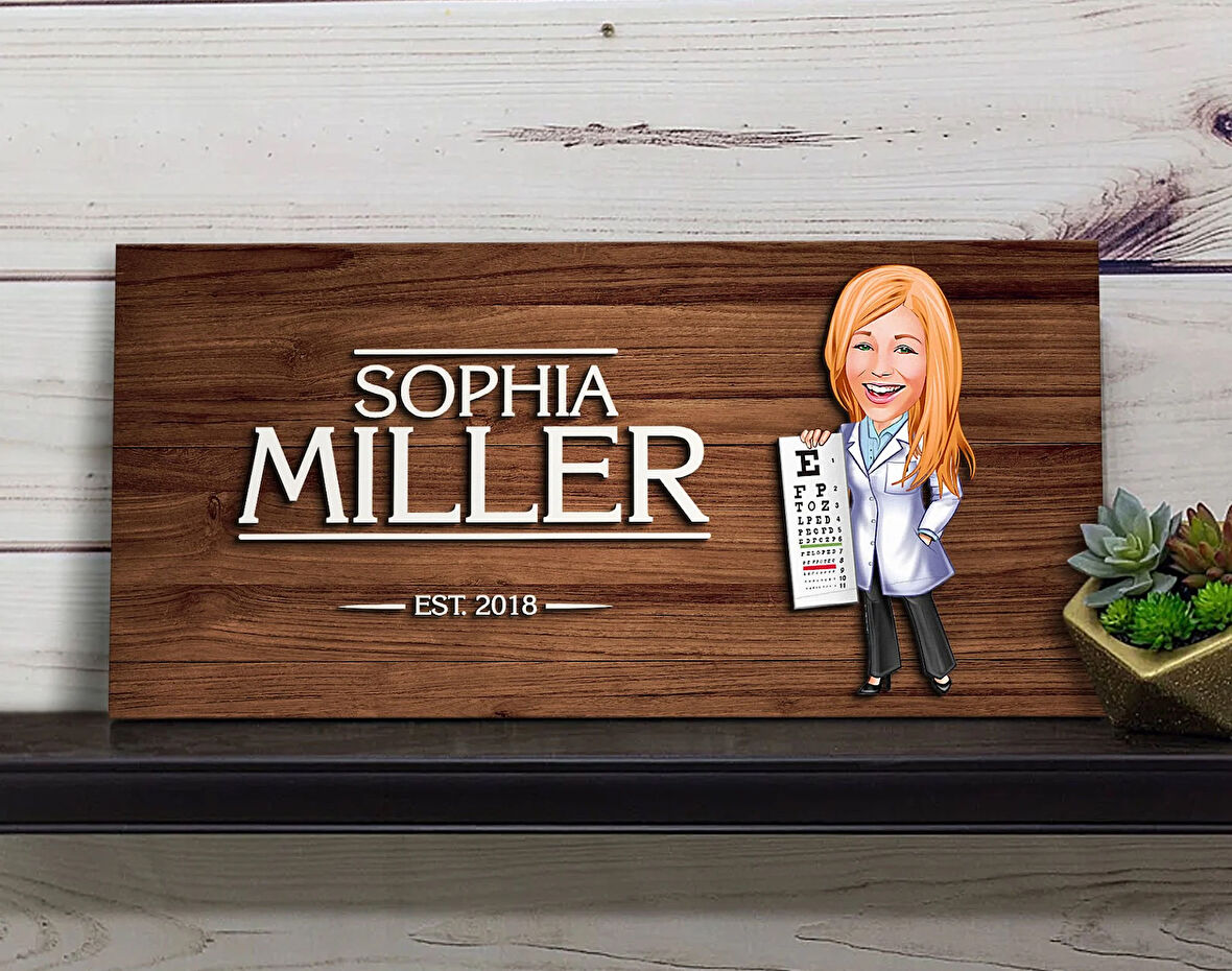 BK Gift Kişiye Özel Kadın Göz Doktoru Karikatürlü Kabartma Figürlü Ahşap Tablo, Duvar Dekoru, Arkadaşa Hediye, Özel Tasarım Ev Hediyesi-1