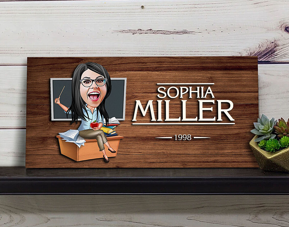 BK Gift Kişiye Özel Kadın Öğretmen Karikatürlü Kabartma Figürlü Ahşap Tablo, Duvar Dekoru, Arkadaşa Hediye, Özel Tasarım Ev Hediyesi-2