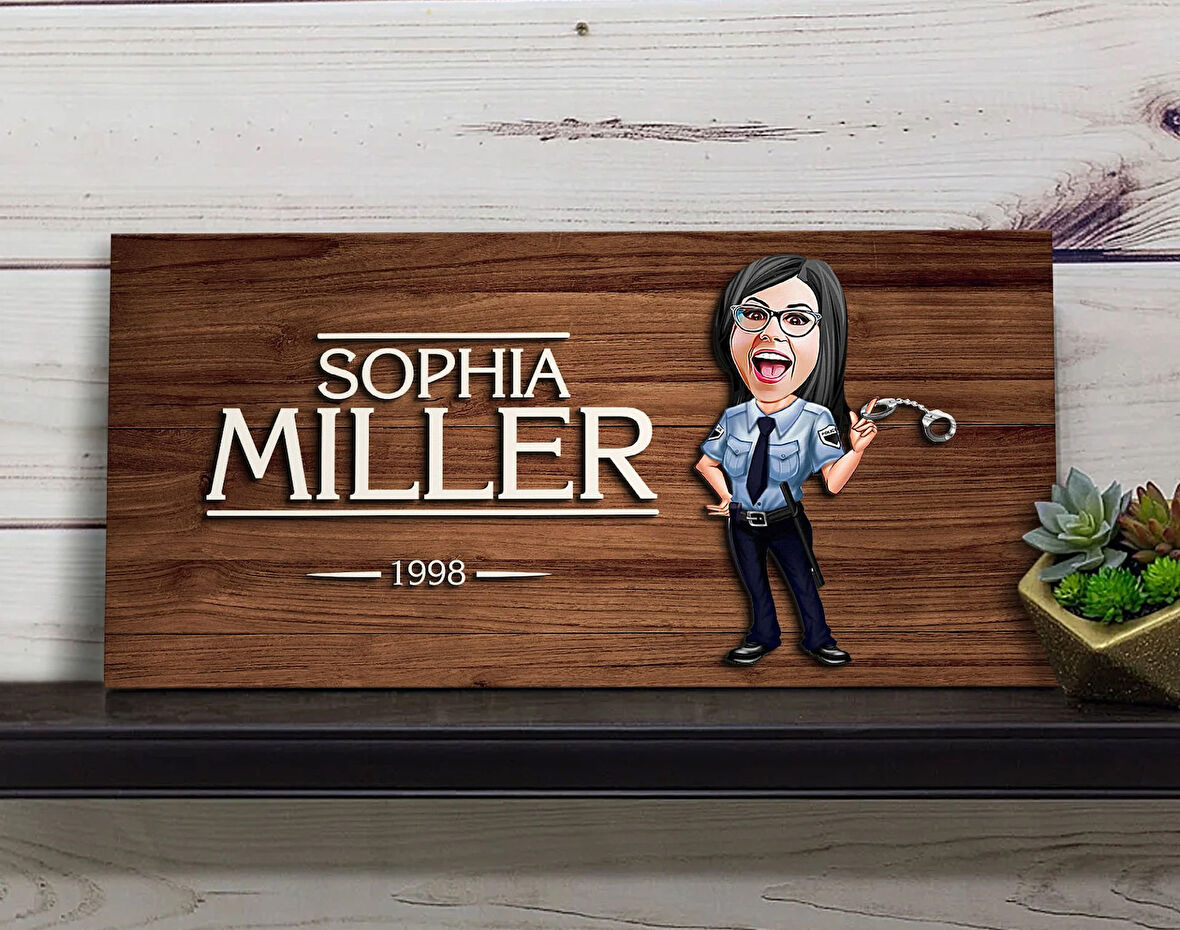 BK Gift Kişiye Özel Kadın Polis Karikatürlü Kabartma Figürlü Ahşap Tablo, Duvar Dekoru, Arkadaşa Hediye, Özel Tasarım Ev Hediyesi-1