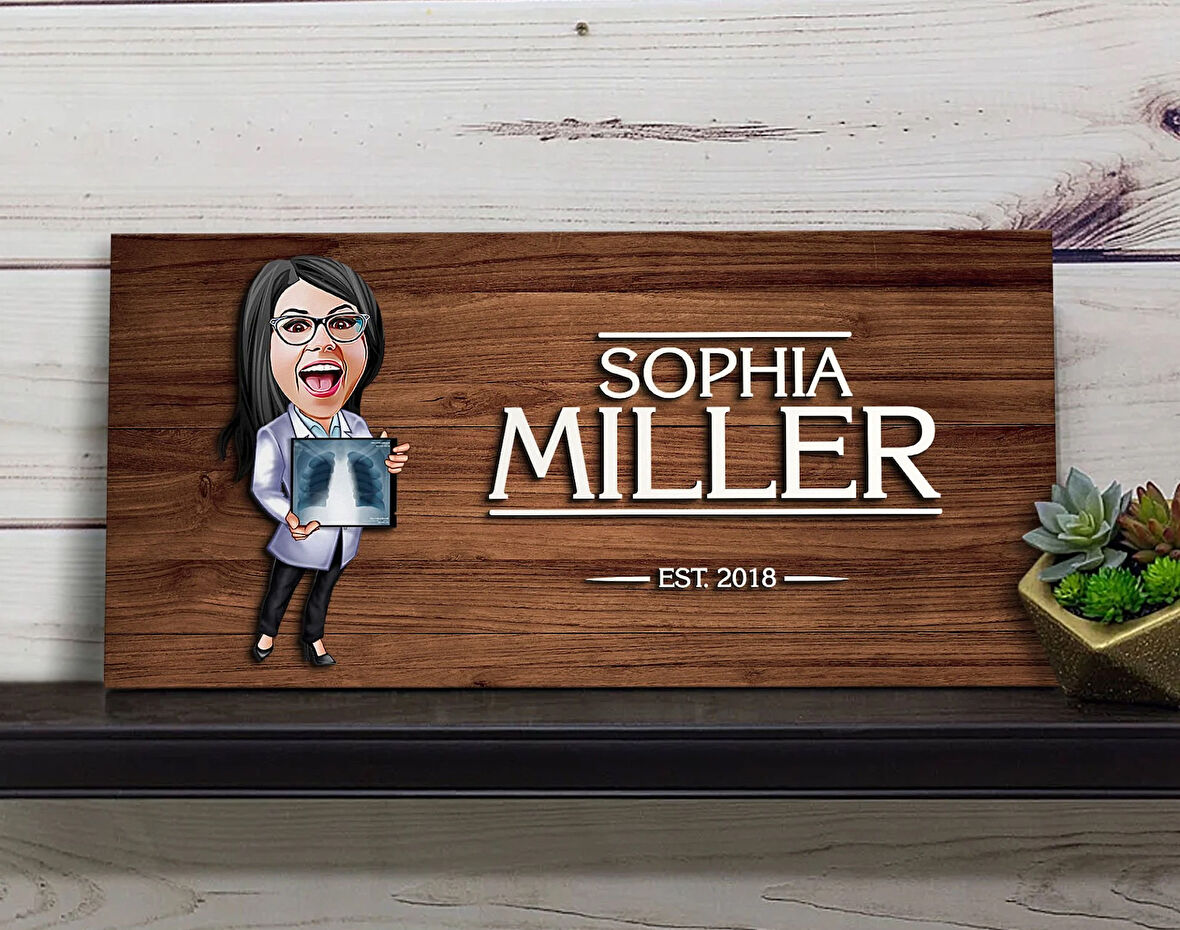 BK Gift Kişiye Özel Kadın Radyolojist Karikatürlü Kabartma Figürlü Ahşap Tablo, Duvar Dekoru, Arkadaşa Hediye, Özel Tasarım Ev Hediyesi-1