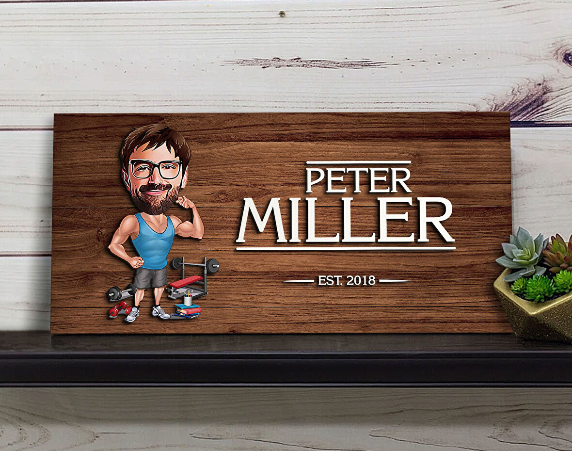 BK Gift Kişiye Özel Fitness Karikatürlü Kabartma Figürlü Ahşap Tablo, Duvar Dekoru, Arkadaşa Hediye, Özel Tasarım Ev Hediyesi-1