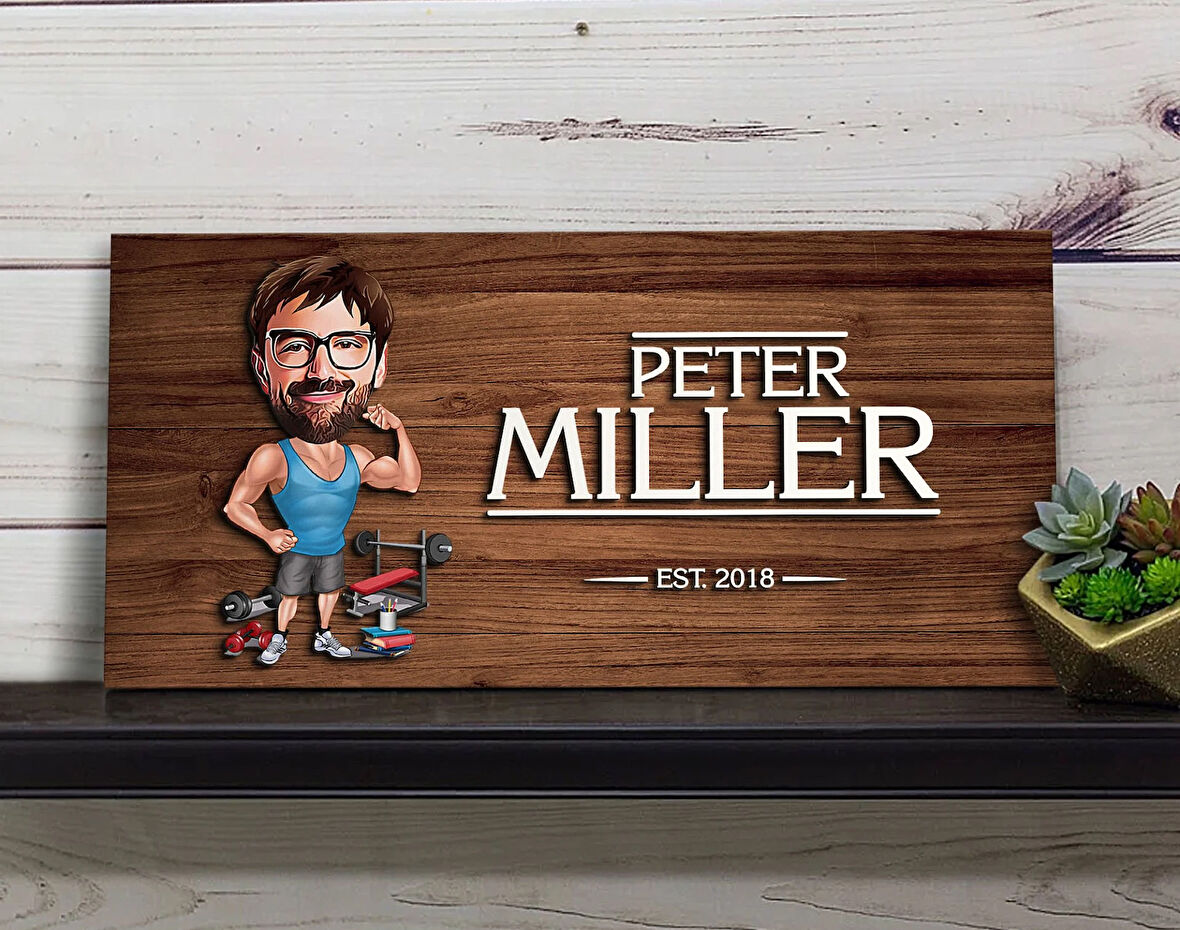BK Gift Kişiye Özel Fitness Karikatürlü Kabartma Figürlü Ahşap Tablo, Duvar Dekoru, Arkadaşa Hediye, Özel Tasarım Ev Hediyesi-1