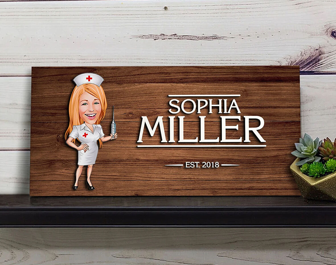 BK Gift Kişiye Özel Hemşire Karikatürlü Kabartma Figürlü Ahşap Tablo, Duvar Dekoru, Arkadaşa Hediye, Özel Tasarım Ev Hediyesi-1