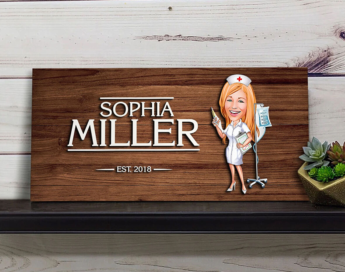 BK Gift Kişiye Özel Hemşire Karikatürlü Kabartma Figürlü Ahşap Tablo, Duvar Dekoru, Arkadaşa Hediye, Özel Tasarım Ev Hediyesi-2