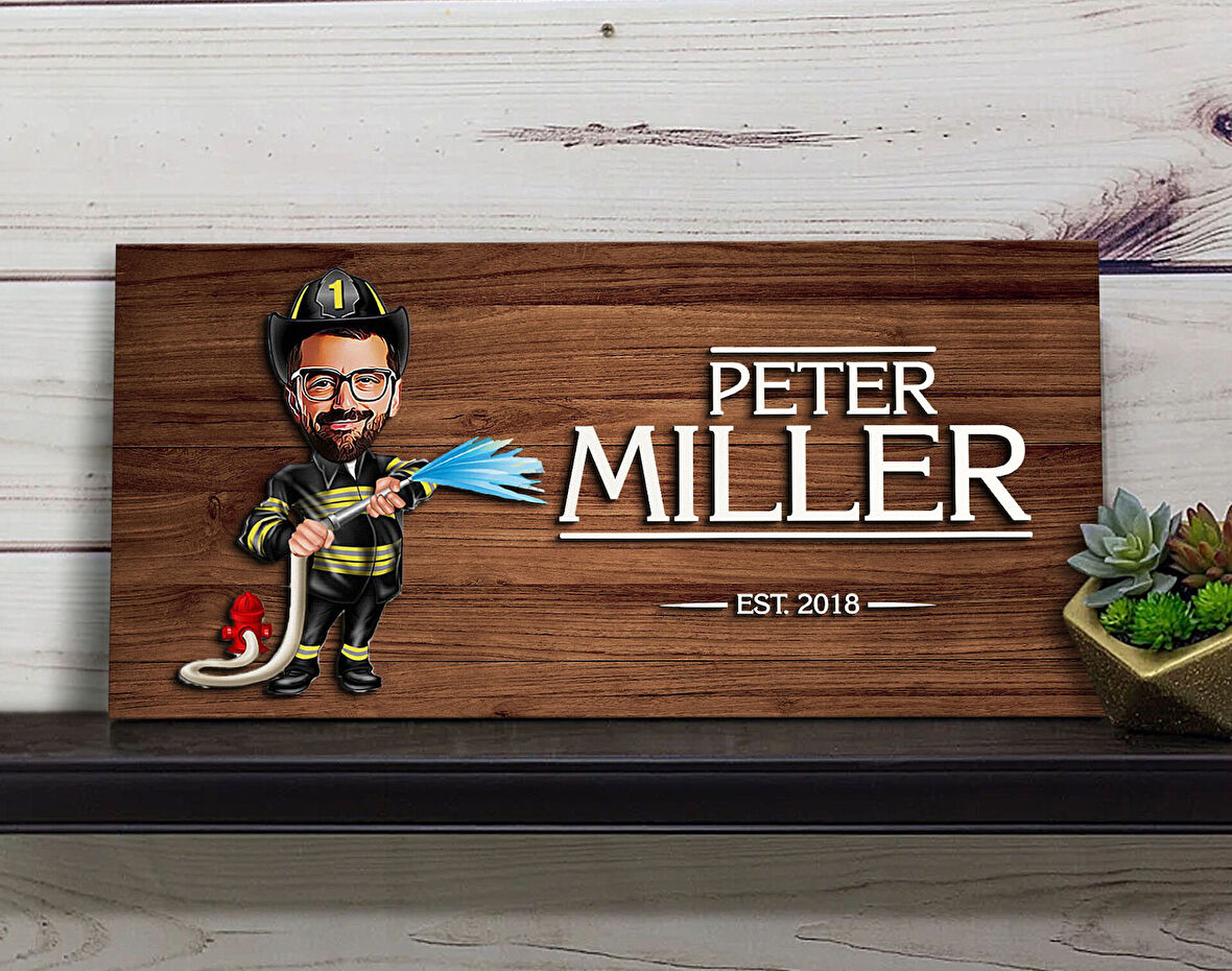 BK Gift Kişiye Özel İtfaiyeci Karikatürlü Kabartma Figürlü Ahşap Tablo, Duvar Dekoru, Arkadaşa Hediye, Özel Tasarım Ev Hediyesi-1