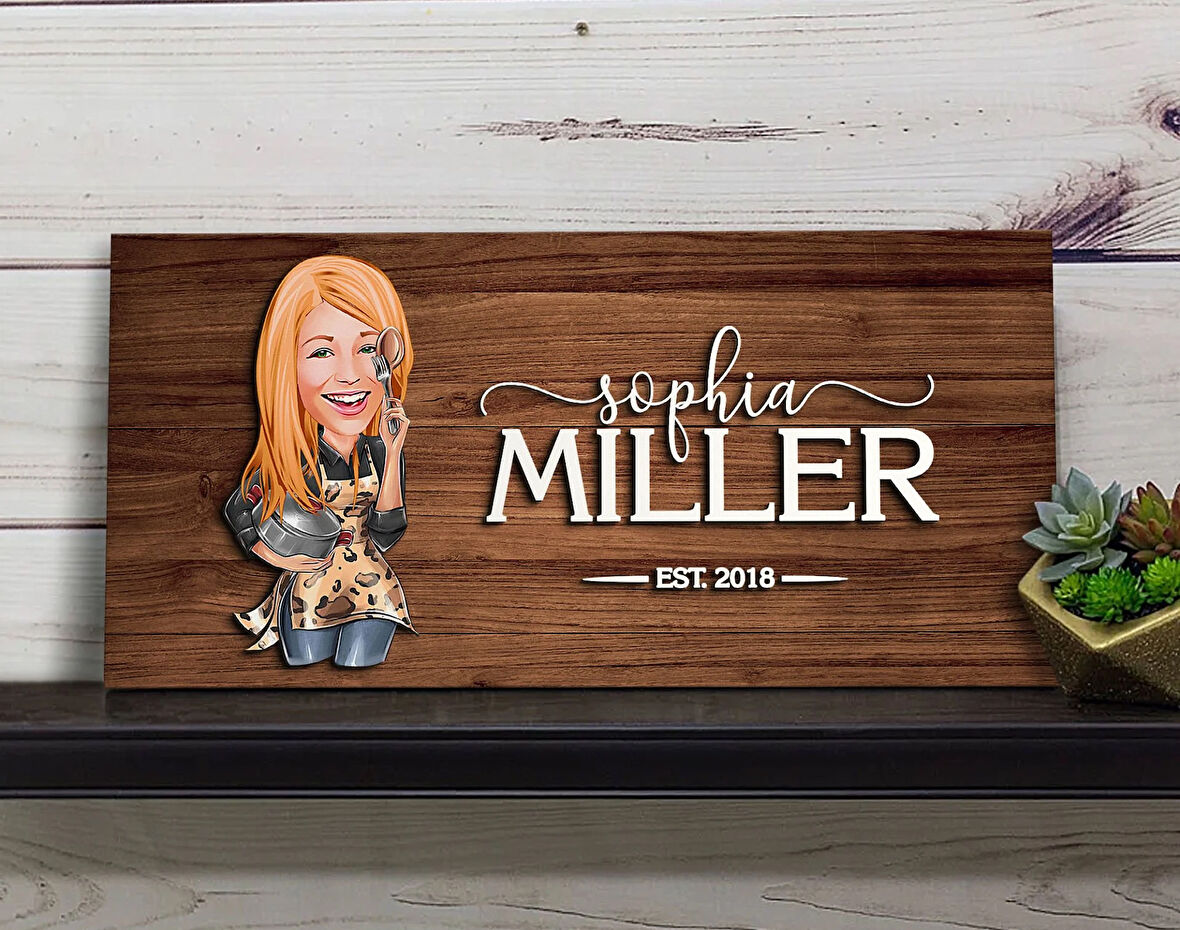 BK Gift Kişiye Özel Kadın Aşçı Karikatürlü Kabartma Figürlü Ahşap Tablo, Duvar Dekoru, Arkadaşa Hediye, Özel Tasarım Ev Hediyesi-2