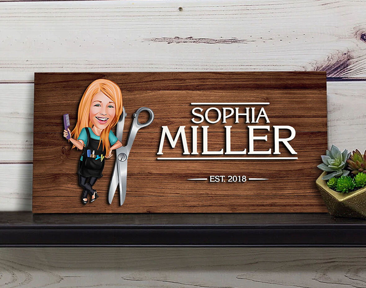 BK Gift Kişiye Özel Kadın Kuaför Karikatürlü Kabartma Figürlü Ahşap Tablo, Duvar Dekoru, Arkadaşa Hediye, Özel Tasarım Ev Hediyesi-1