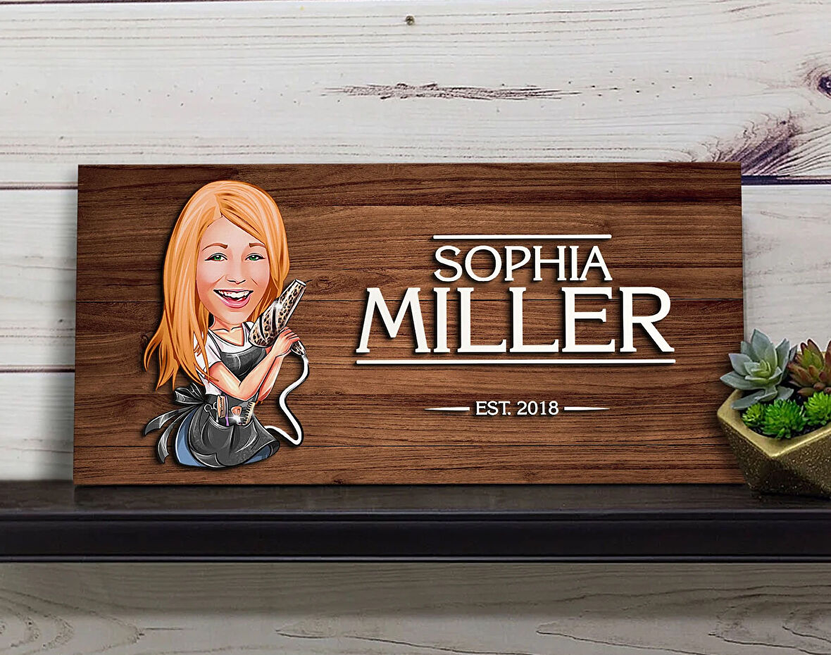 BK Gift Kişiye Özel Kadın Kuaför Karikatürlü Kabartma Figürlü Ahşap Tablo, Duvar Dekoru, Arkadaşa Hediye, Özel Tasarım Ev Hediyesi-2