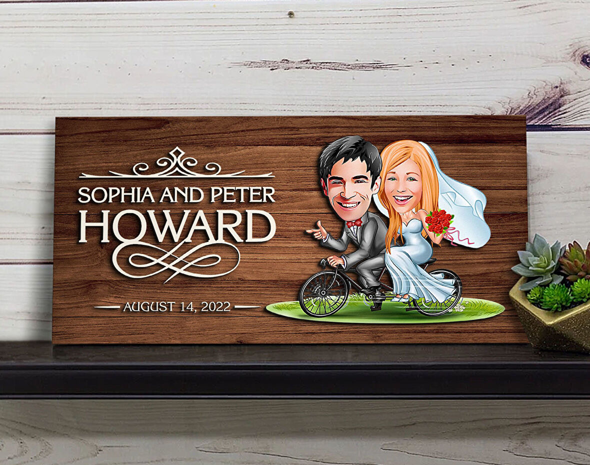 BK Gift Kişiye Özel Evleniyoruz Karikatürlü Kabartma Figürlü Ahşap Tablo, Duvar Dekoru, Arkadaşa Hediye, Özel Tasarım Ev Hediyesi-3