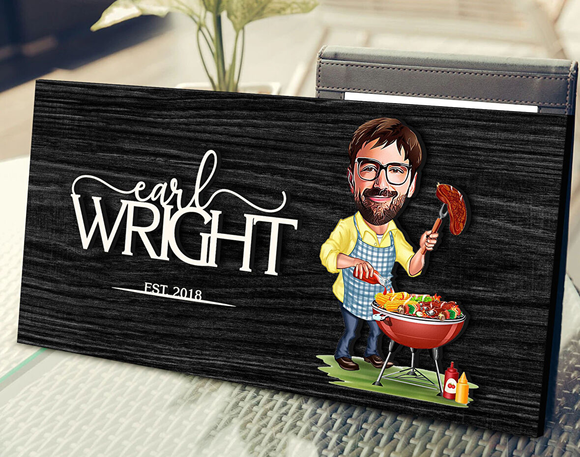 BK Gift Kişiye Özel Erkek Barbekü Karikatürlü Kabartma Figürlü Ahşap Tablo, Duvar Dekoru, Arkadaşa Hediye, Özel Tasarım Ev Hediyesi-1