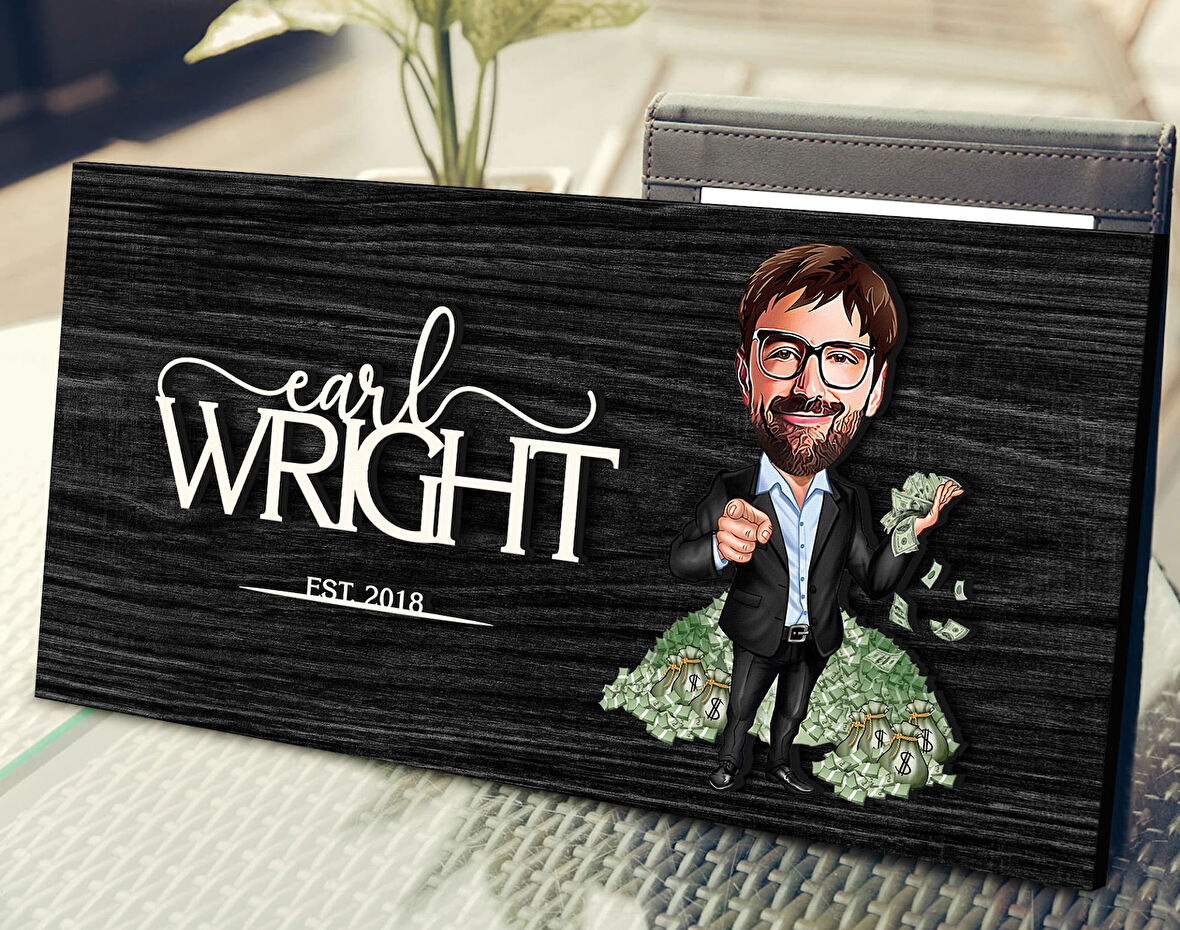 BK Gift Kişiye Özel Erkek Bankacı Karikatürlü Kabartma Figürlü Ahşap Tablo, Duvar Dekoru, Arkadaşa Hediye, Özel Tasarım Ev Hediyesi-2