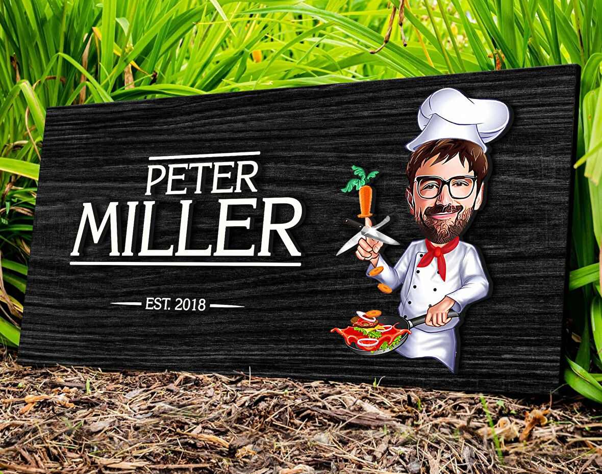 BK Gift Kişiye Özel Erkek Chef Karikatürlü Kabartma Figürlü Ahşap Tablo, Duvar Dekoru, Arkadaşa Hediye, Özel Tasarım Ev Hediyesi-1