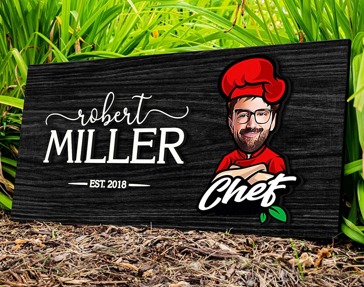 BK Gift Kişiye Özel Erkek Chef Karikatürlü Kabartma Figürlü Ahşap Tablo, Duvar Dekoru, Arkadaşa Hediye, Özel Tasarım Ev Hediyesi-2